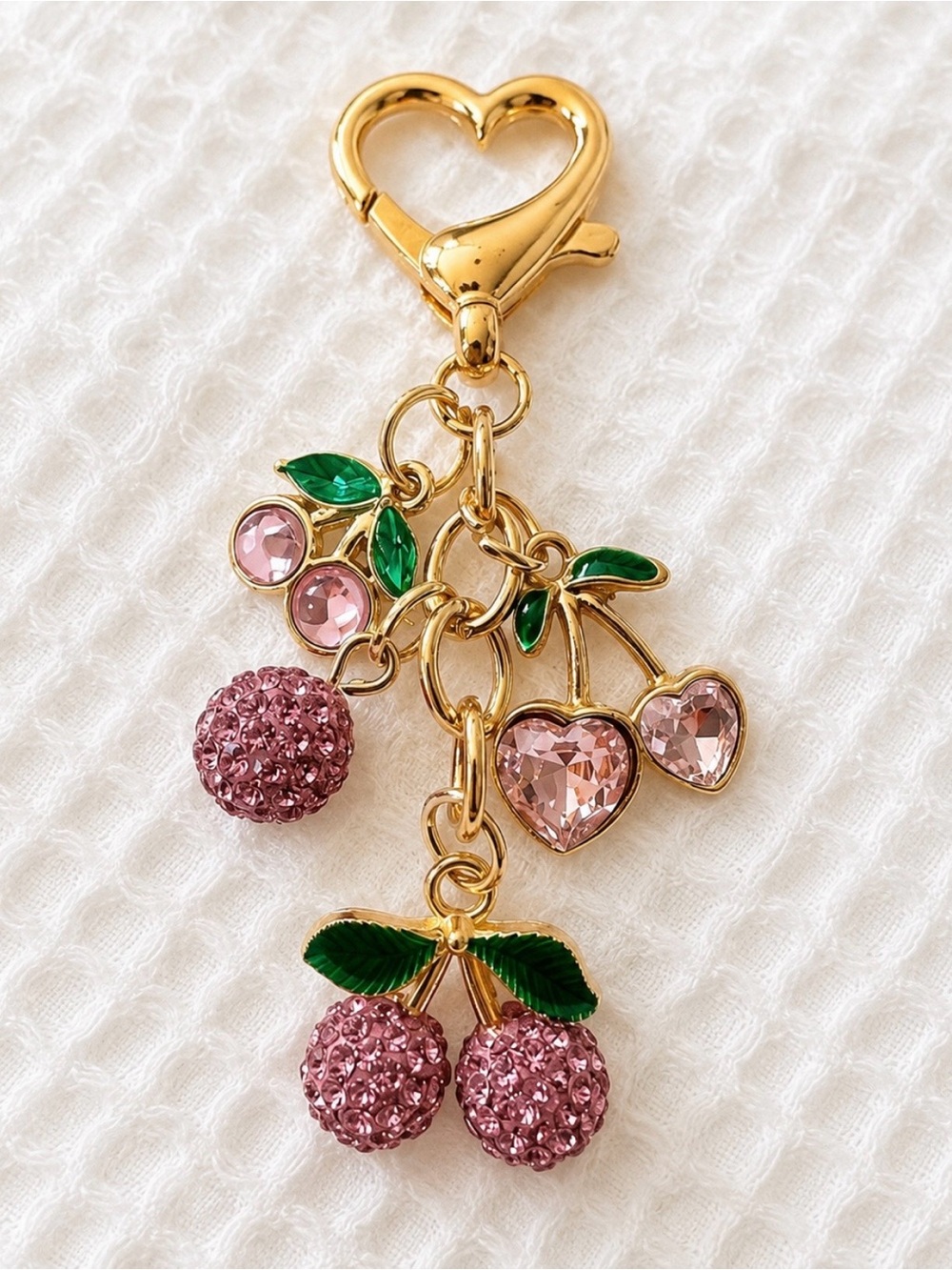 Pink Crystal Cherry Charm Keychain - Goldtone Heart Clasp